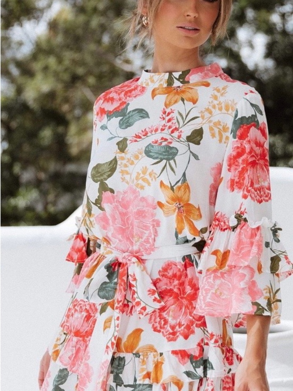 Petal & Pup White Floral Midi Dress with Pink & Orange Blooms